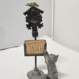 Antique Die-Cast Metal Calendar Stand with Cuckoo Clock and  Cat Figurine